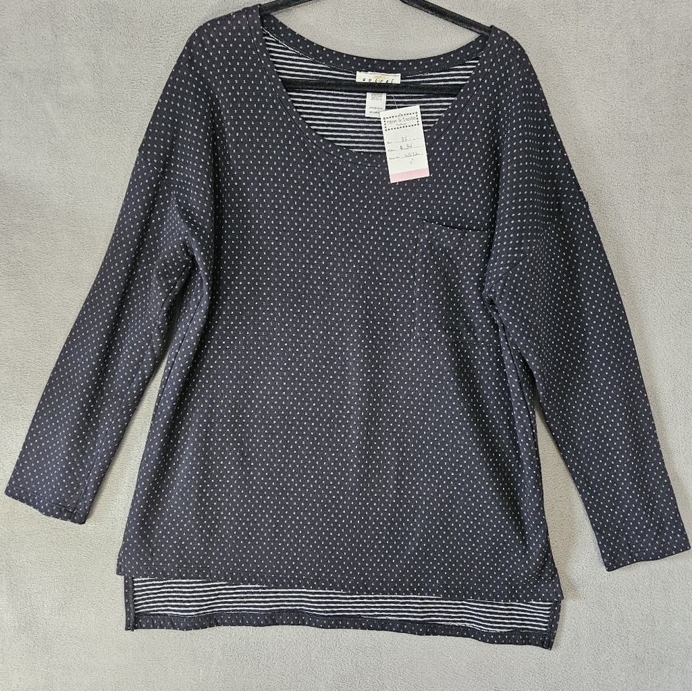 NWT Avital Womens Shirt Plus 3X Navy Blue Polka-dot Pocket Long Sleeve Scoopneck